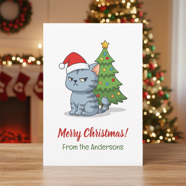 Cranky Grey Tabby Cat Red Hat Christmas Tree Holiday Card (Creator Uploaded)