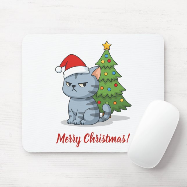 Cranky Grey Tabby Cat Red Hat Christmas Tree Mouse Pad (With Mouse)
