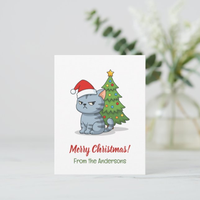 Cranky Grey Tabby Cat Red Hat Christmas Tree Postcard (Standing Front)