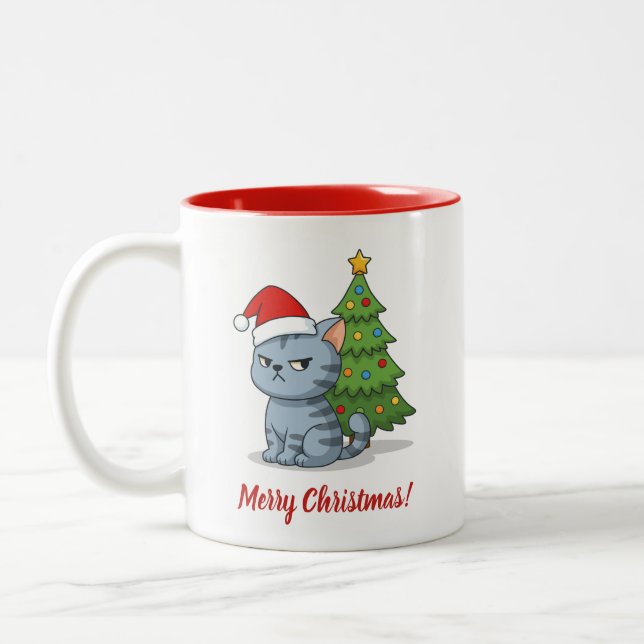 Cranky Grey Tabby Cat Red Hat Christmas Tree Two-Tone Coffee Mug (Left)