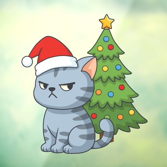 Cranky Grey Tabby Cat Red Hat Christmas Tree Window Cling (Sheet 3)