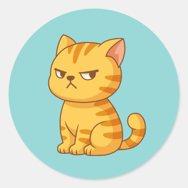 Cranky Orange Tabby Cat on Teal Classic Round Sticker (Front)