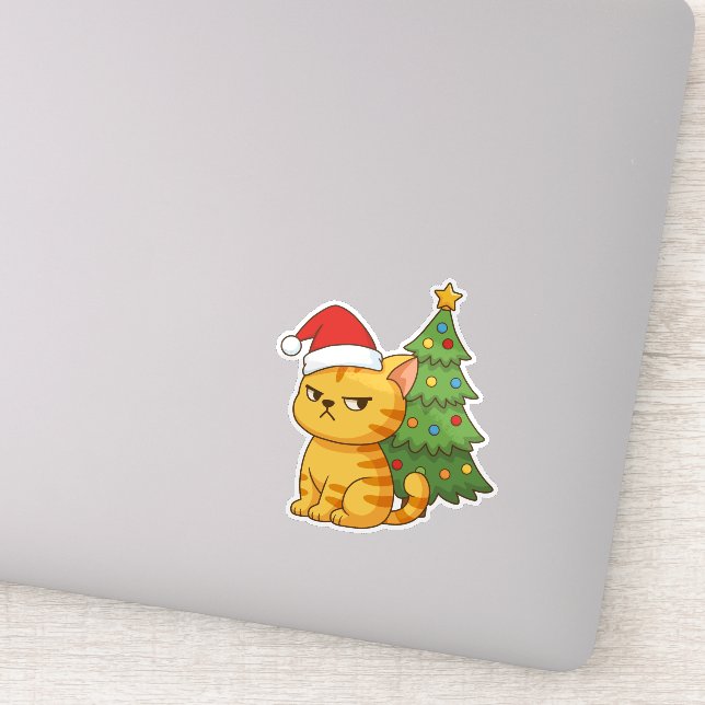 Cranky Orange Tabby Cat Red Hat Christmas Tree (Detail)