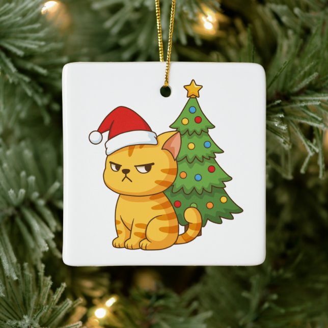 Cranky Orange Tabby Cat Red Hat Christmas Tree Ceramic Ornament (Tree)