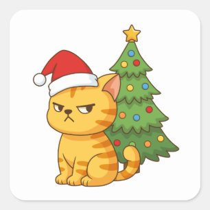 Cranky Orange Tabby Cat Red Hat Christmas Tree Square Sticker
