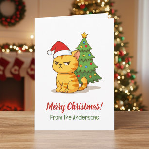 Cranky Tabby Cat Red Hat Christmas Tree Card