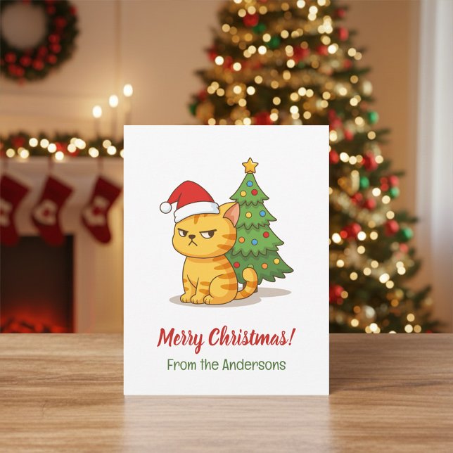 Cranky Tabby Cat Red Hat Christmas Tree Postcard (Creator Uploaded)