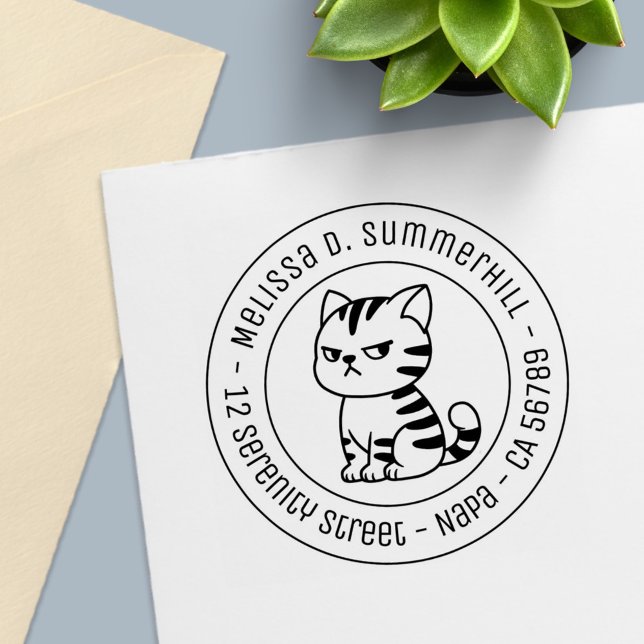Cranky Tabby Cat Round Address Self-inking Stamp (Creator Uploaded)