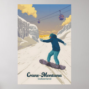 Crans Montana Switzerland Snowboarding Travel Poster