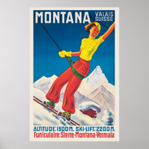 Crans-Montana Valais Switzerland Vintage Ski Poster
