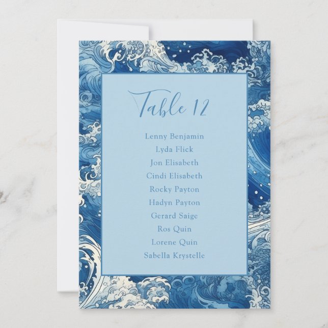 Crashing blue ocean waves names and seating chart invitation (Front)