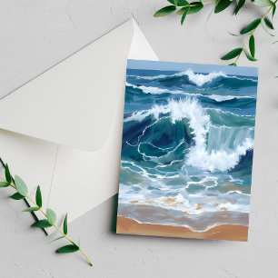 Crashing Ocean Waves Coastal Blue Watercolor Card