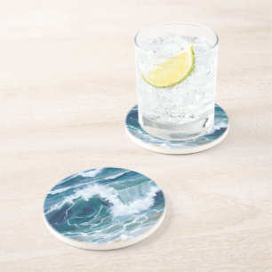 Crashing Ocean Waves   Coastal Blue Watercolor Coaster