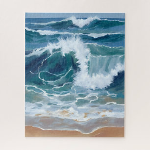 Crashing Ocean Waves   Coastal Blue Watercolor Jigsaw Puzzle