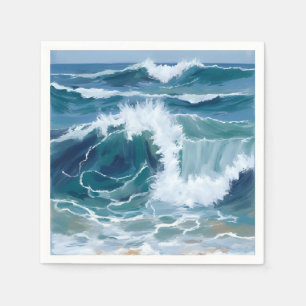 Crashing Ocean Waves   Coastal Blue Watercolor Napkin