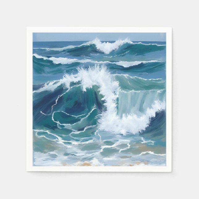 Crashing Ocean Waves | Coastal Blue Watercolor Napkin (Front)