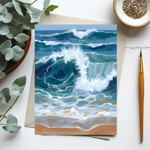 Crashing Ocean Waves   Coastal Blue Watercolor Postcard