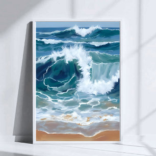 Crashing Ocean Waves   Coastal Blue Watercolor Poster