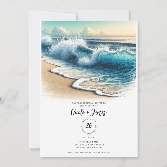 Crashing Ocean Waves Rustic Coastal Beach Wedding Invitation (Front)