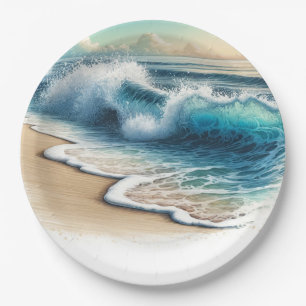 Crashing Ocean Waves Rustic Coastal Beach Wedding Paper Plate