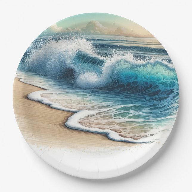 Crashing Ocean Waves Rustic Coastal Beach Wedding Paper Plate (Front)