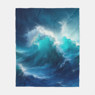 Crashing Ocean Waves Turbulent Blue Turquoise Fleece Blanket