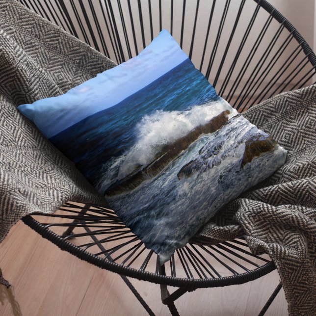 Crashing Single Wave On Rocks Throw Pillow (Creator Uploaded)