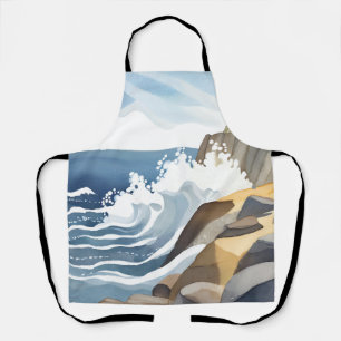 Crashing Waves   Rocky Coastal Shore Watercolor Apron