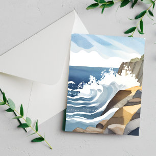 Crashing Waves Rocky Coastal Shore Watercolor Card