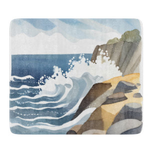 Crashing Waves   Rocky Coastal Shore Watercolor Cutting Board