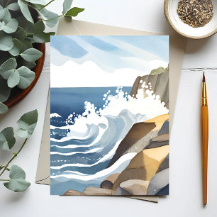 Crashing Waves Rocky Coastal Shore Watercolor Postcard