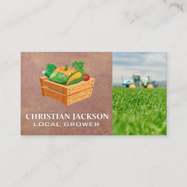 Crate of Produce | Farmer on Tractor Business Card (Front)