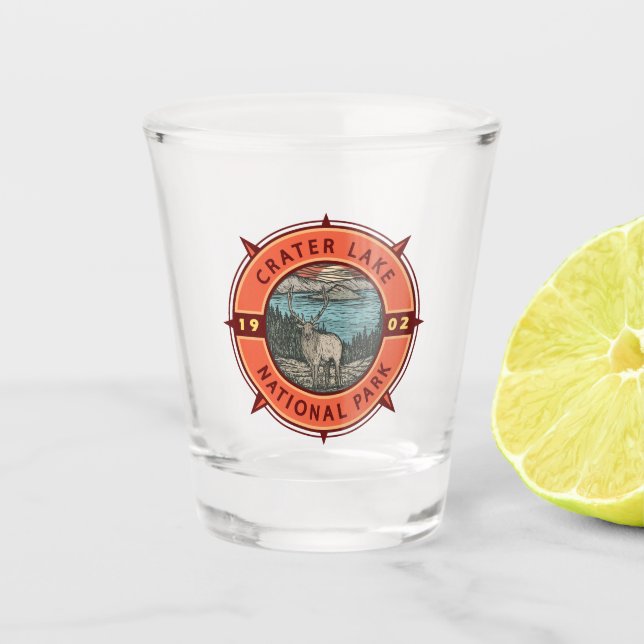 Crater Lake National Park Elk Retro Compass Emblem Shot Glass (Front)