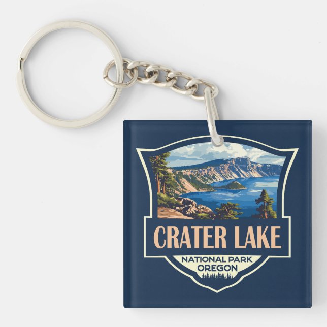 Crater Lake National Park Illustration Retro Badge Keychain (Front)