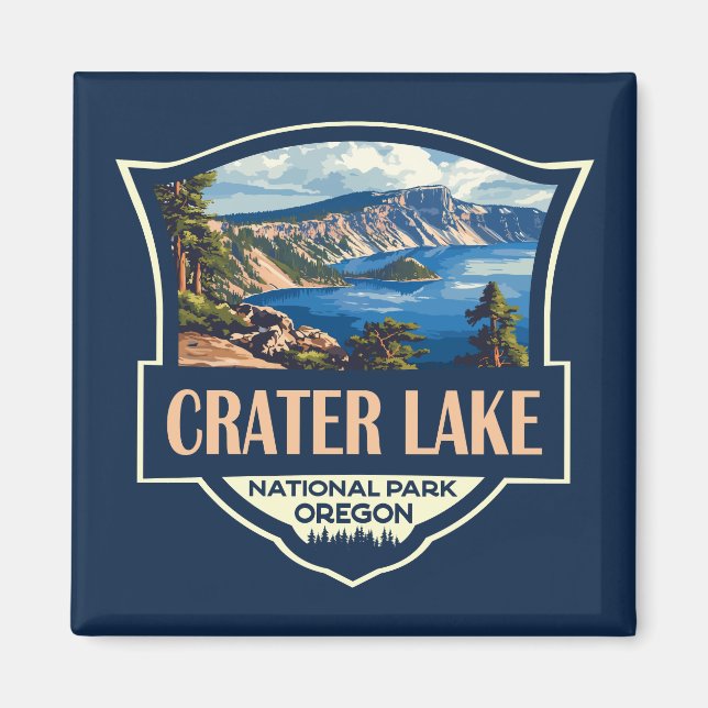 Crater Lake National Park Illustration Retro Badge Magnet (Front)