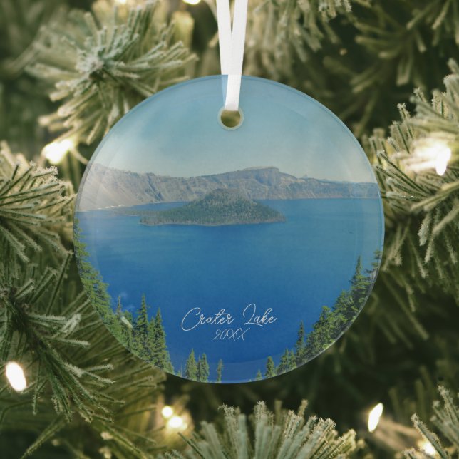 Crater Lake Wizard Island Scenic Photo Glass Ornament (Insitu)