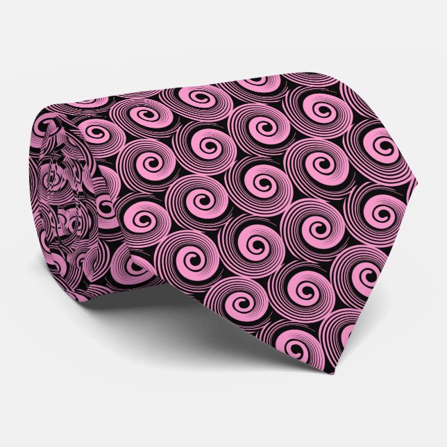Cravate 140216 Spirales - Rose sur Noir (Roulé)