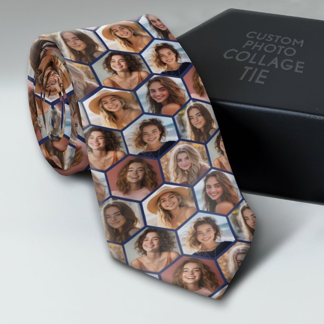 Cravate 7 Photo Collage - funky honeycomb motif - bleu (Custom Tie with a Photo Collage)