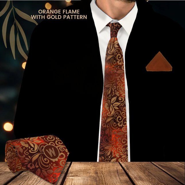 Cravate à flamme orange avec motif Floral or (Orange Flame Necktie with Gold Floral Pattern )