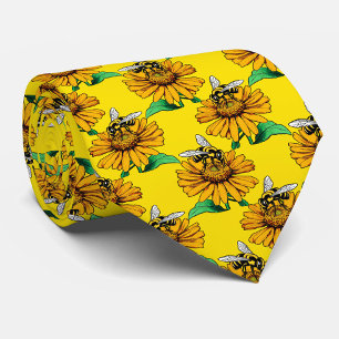 Cravate Abeille sur motif de fleur de tournesol jaune 