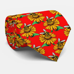 Cravate Abeille sur motif de fleur de tournesol rouge