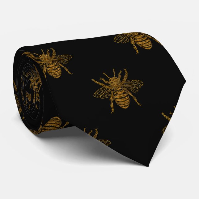 Cravate Abeilles métalliques d'aluminium d'or sur le noir (Roulé)
