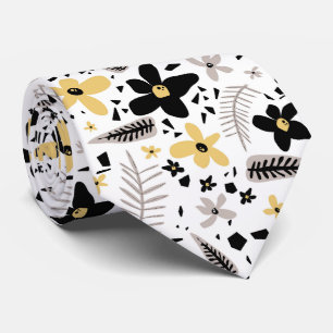 Cravate Abstrait motif floral gris jaune noir