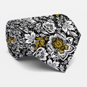 Cravate Accents Noir Et Blanc Damas Or