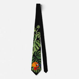 Cravate Adorable Cartoon Parrot, Feuille de palme, Noir