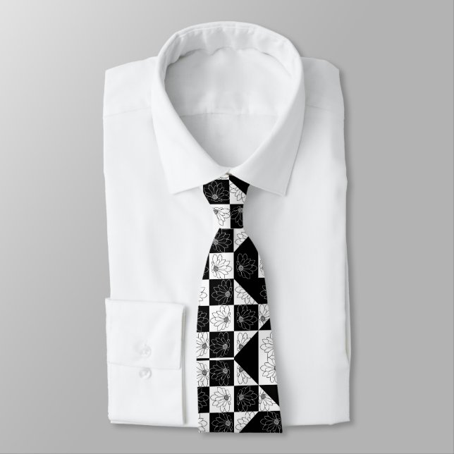 Cravate Aesthétique Floral Noir & blanc à damiers motif (Attaché)