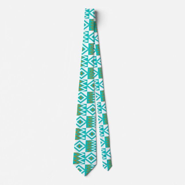 Cravate African Kente Cloth White Aqua Blue Turquoise Neck (Devant)