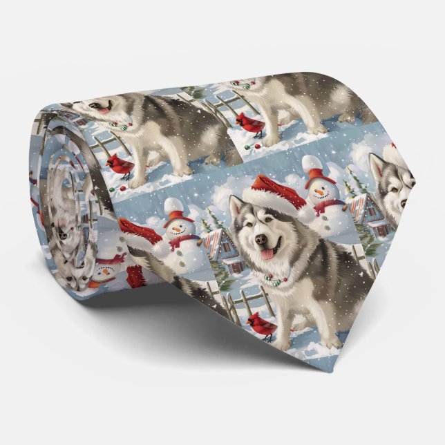Cravate Alaskien Malamute Chien hiver Merveilles de Noël (Roulé)
