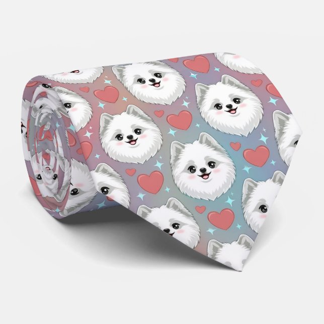 Cravate American Eskimo Dog Valentine Hearts Pattern Cute  (Roulé)
