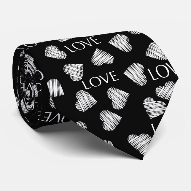 Cravate Amour sans coutures Valentines Jour noir noir blan (Roulé)